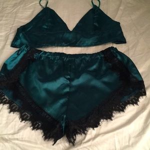 NWT 2 piece green lingerie with black lace trim S